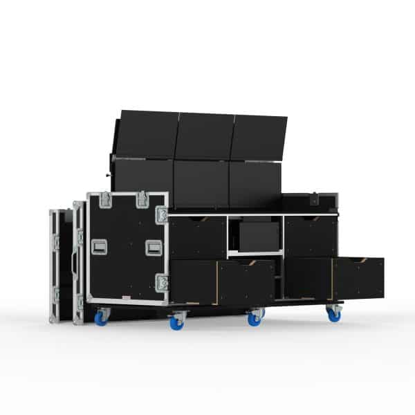 VISION PRODUCTION FLYPACK WORK STATION ROAD CASE WITH MOTORIZED LIFT FOR 6 OF 24" MONITORS