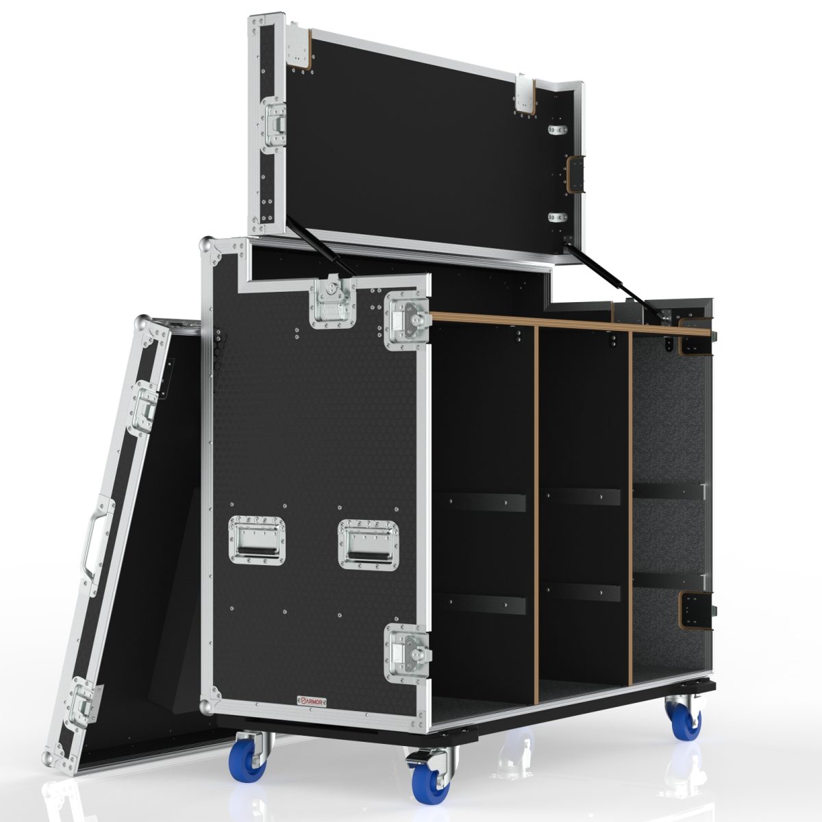 Workstation Road Case For Storage Crates, Removable Front Lid With Leg, Gas Strut Top Lid