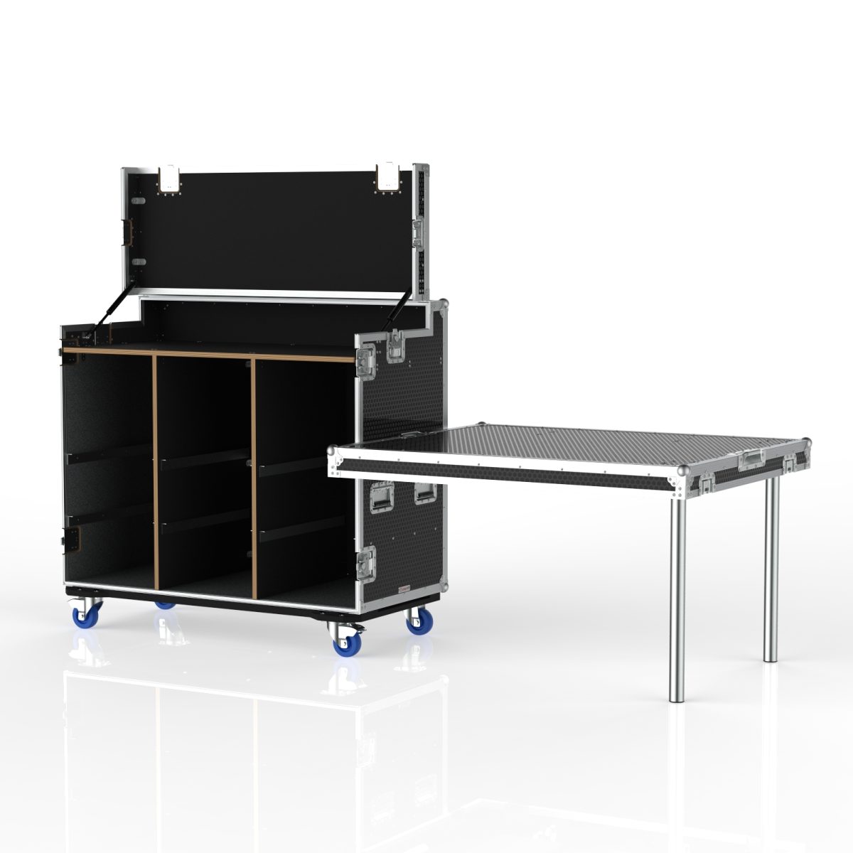 Workstation Road Case For Storage Crates, Removable Front Lid With Leg, Gas Strut Top Lid