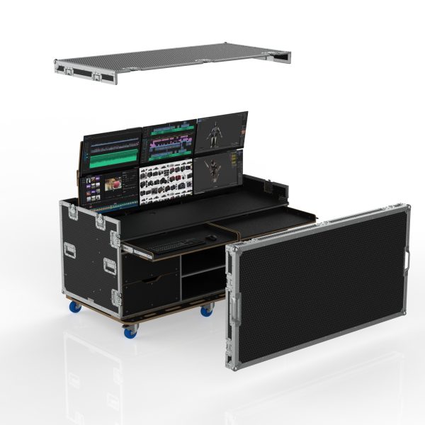 VISION PRODUCTION FLYPACK WORK STATION ROAD CASE WITH MOTORIZED LIFT FOR 6 MONITORS, PULL OUT TRAYS