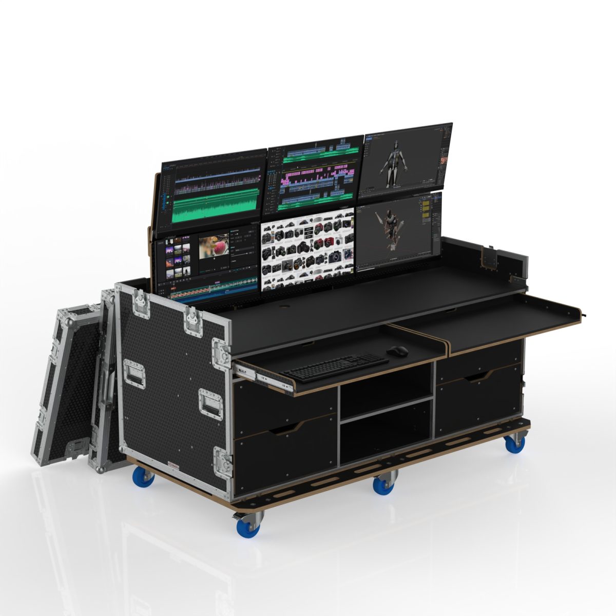 VISION PRODUCTION FLYPACK WORK STATION ROAD CASE WITH MOTORIZED LIFT FOR 6 MONITORS, PULL OUT TRAYS