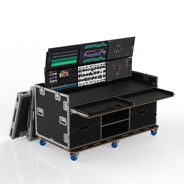 VISION PRODUCTION FLYPACK WORK STATION ROAD CASE WITH MOTORIZED LIFT FOR 6 MONITORS, PULL OUT TRAYS