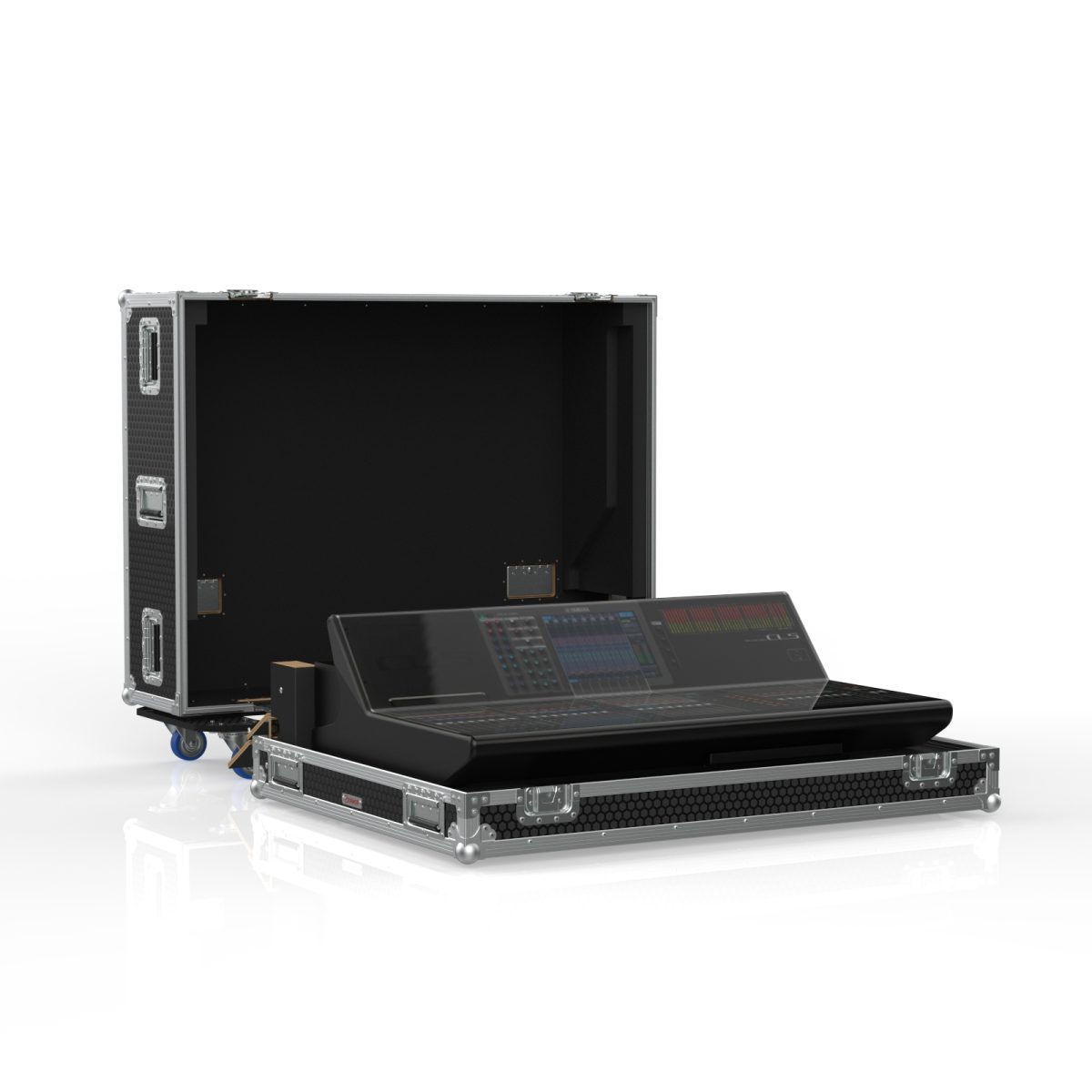YAMAHA CL5 road case, isometric view, open showing mixer