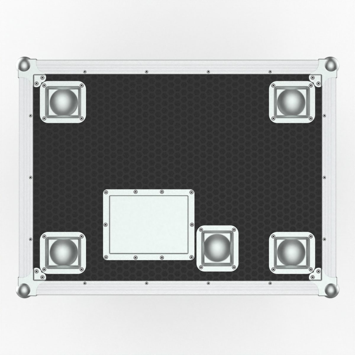a black and white rectangular object with silver bolts