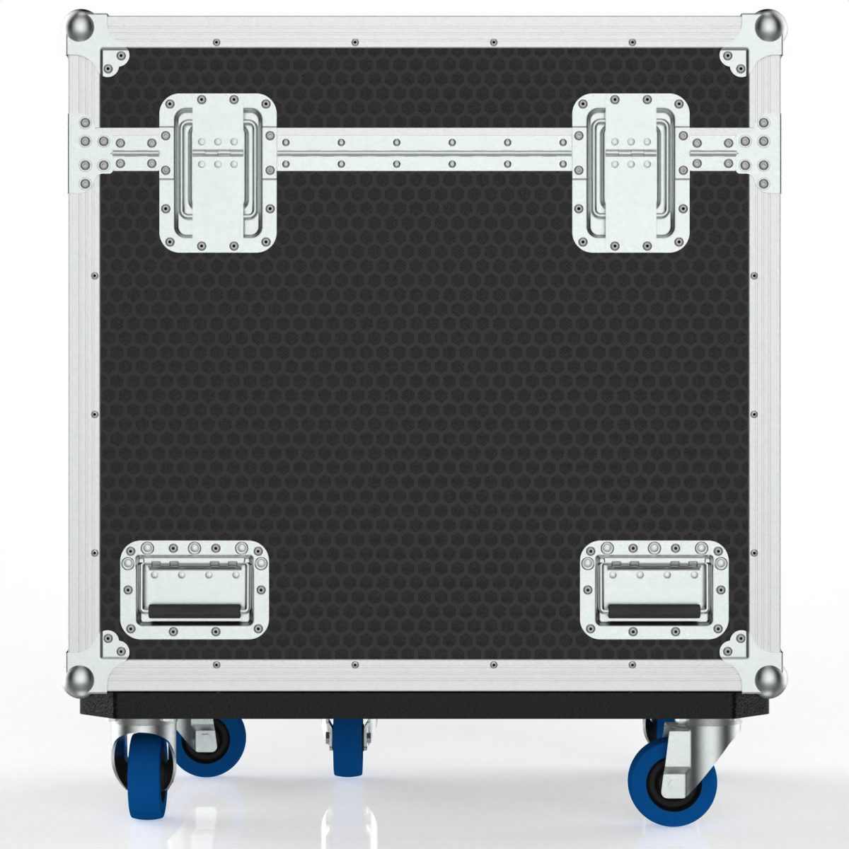 a black box with blue wheels