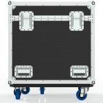 a black box with blue wheels