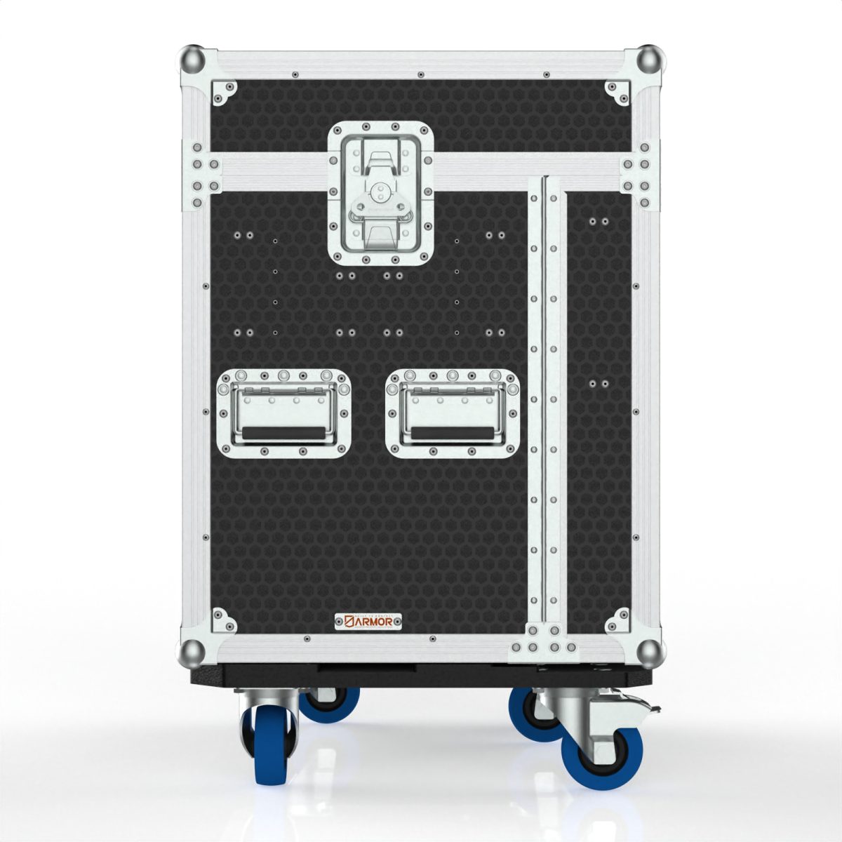 a black and white box with blue wheels