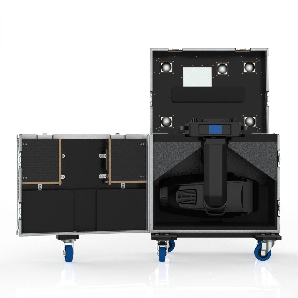 a black and silver case with blue wheels